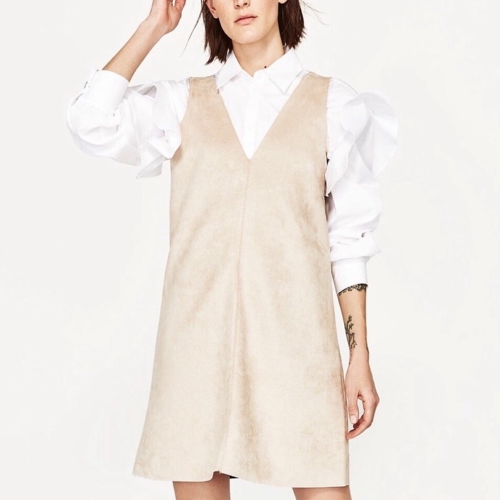 ZARA suede (faux) plunge shift dress - tan beige - small